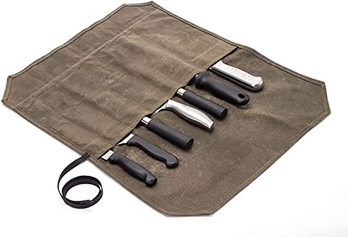 JURONG Bolsa enrollable para cuchillos de chef con 7 ranuras, funda de lona encerada para cuchillos de chef, bolsa de rollo de herramientas de cocina, funda de almacenamiento de cuchillas, Brown